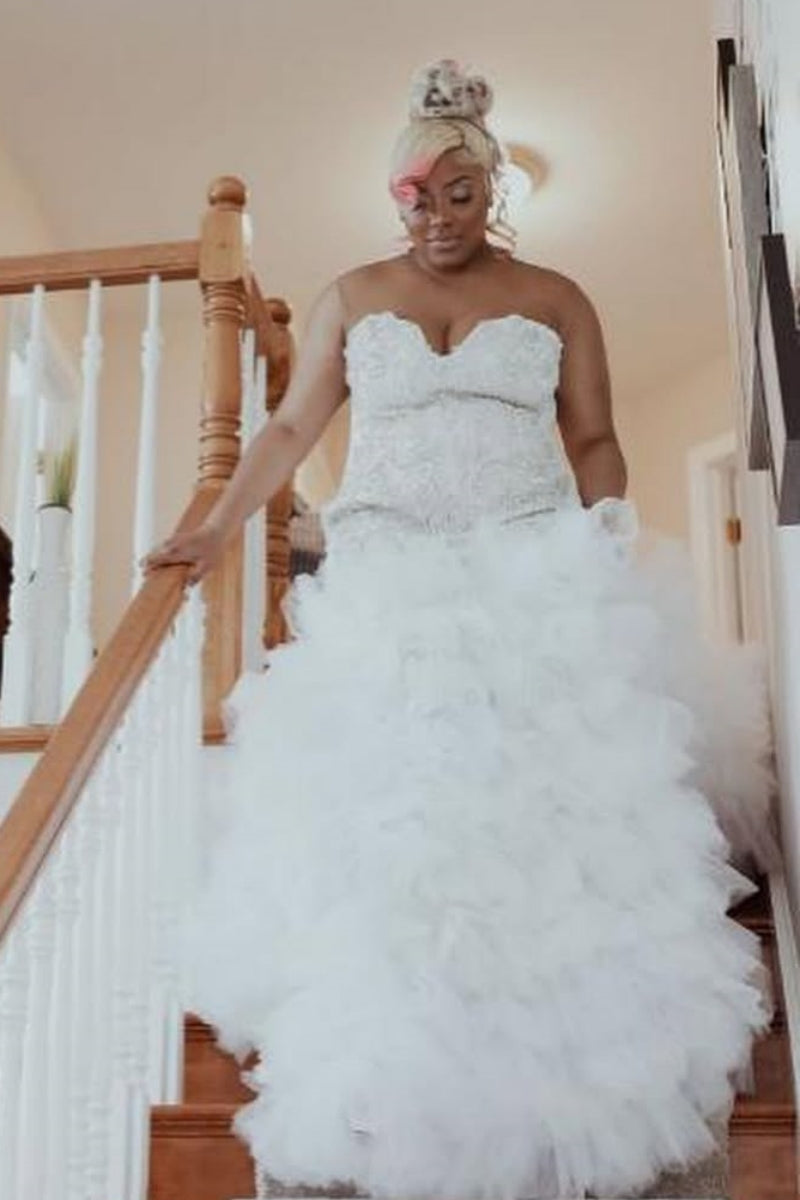White Jewel Beadings Mermaid Prom Over Size Dresses With Puffy Layers