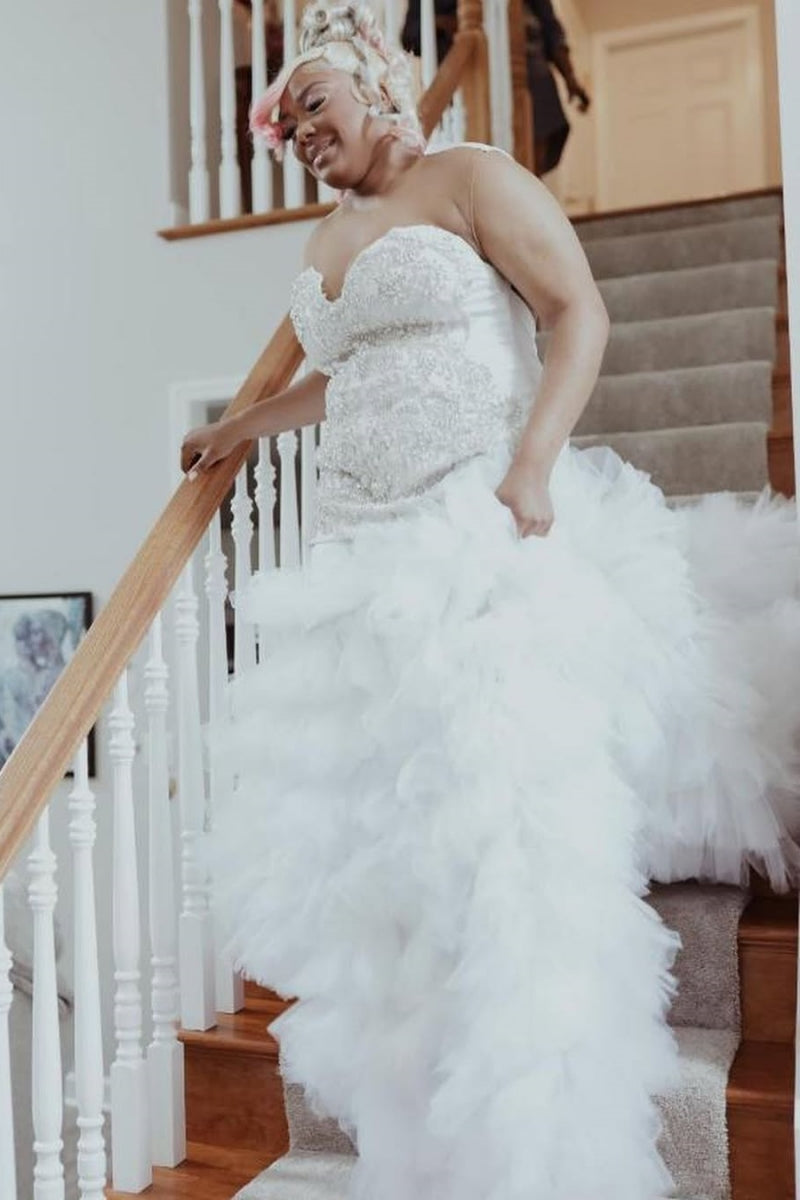 White Jewel Beadings Mermaid Prom Over Size Dresses With Puffy Layers