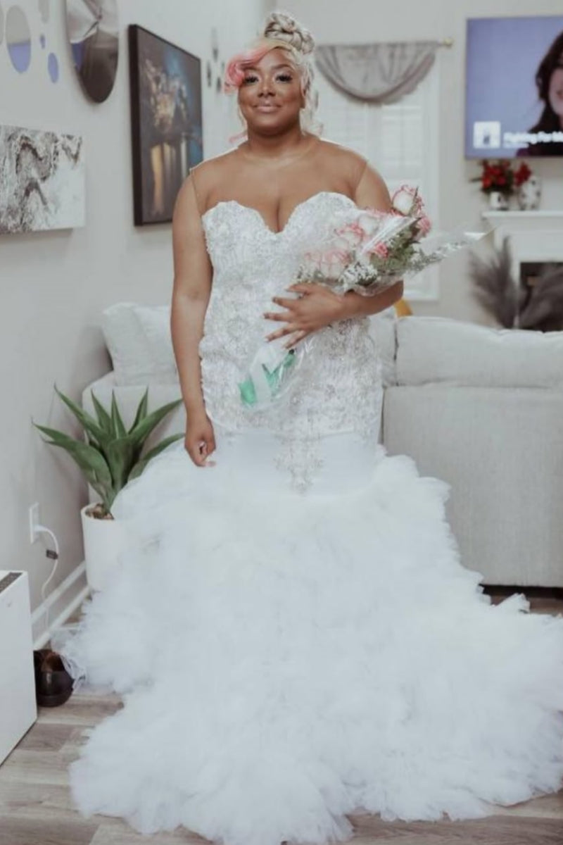 White Jewel Beadings Mermaid Prom Over Size Dresses With Puffy Layers