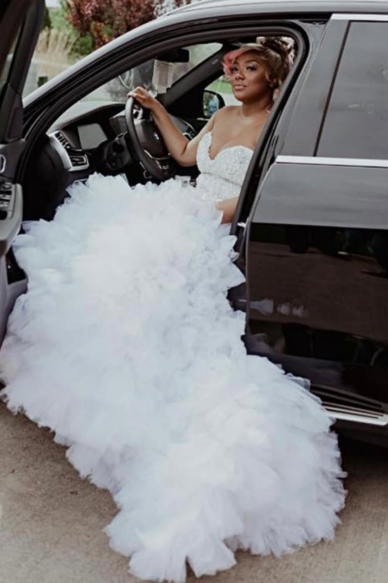 White Jewel Beadings Mermaid Prom Over Size Dresses With Puffy Layers