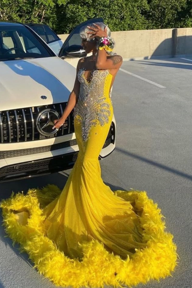 Yellow Jewel Sleeveless Feather Open Back Mermaid Prom Dresses With Beadings