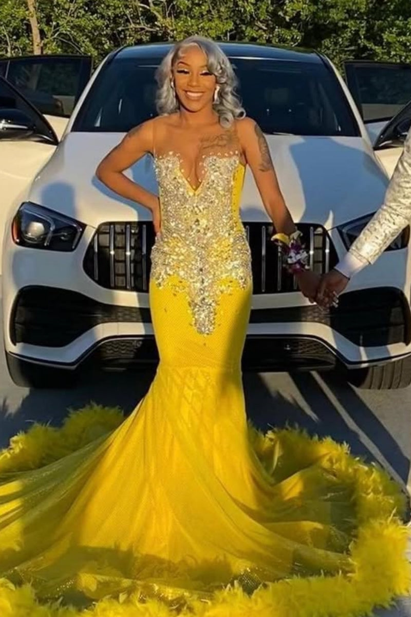 Yellow Jewel Sleeveless Feather Open Back Mermaid Prom Dresses With Beadings