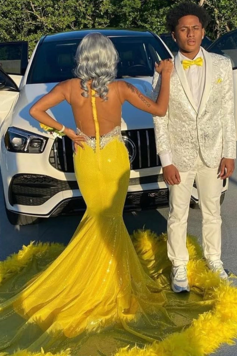 Yellow Jewel Sleeveless Feather Open Back Mermaid Prom Dresses With Beadings
