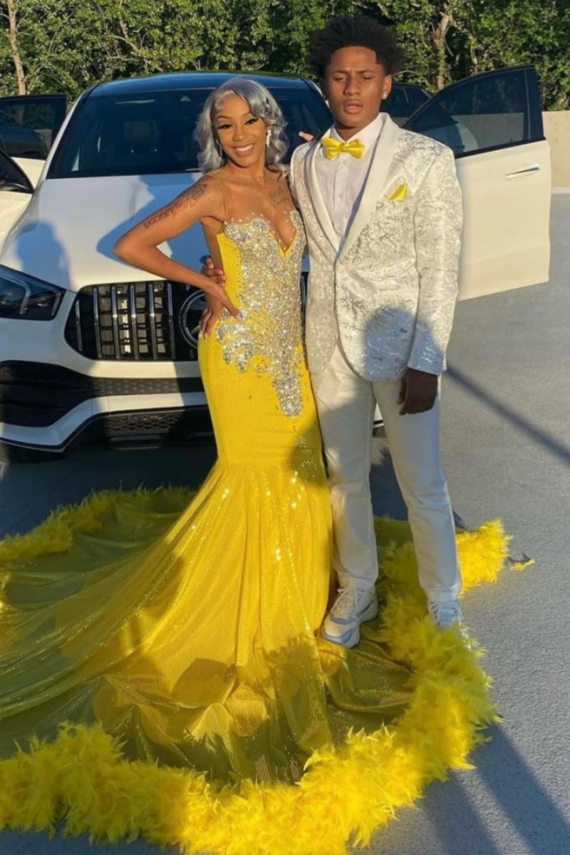 Yellow Jewel Sleeveless Feather Open Back Mermaid Prom Dresses With Beadings
