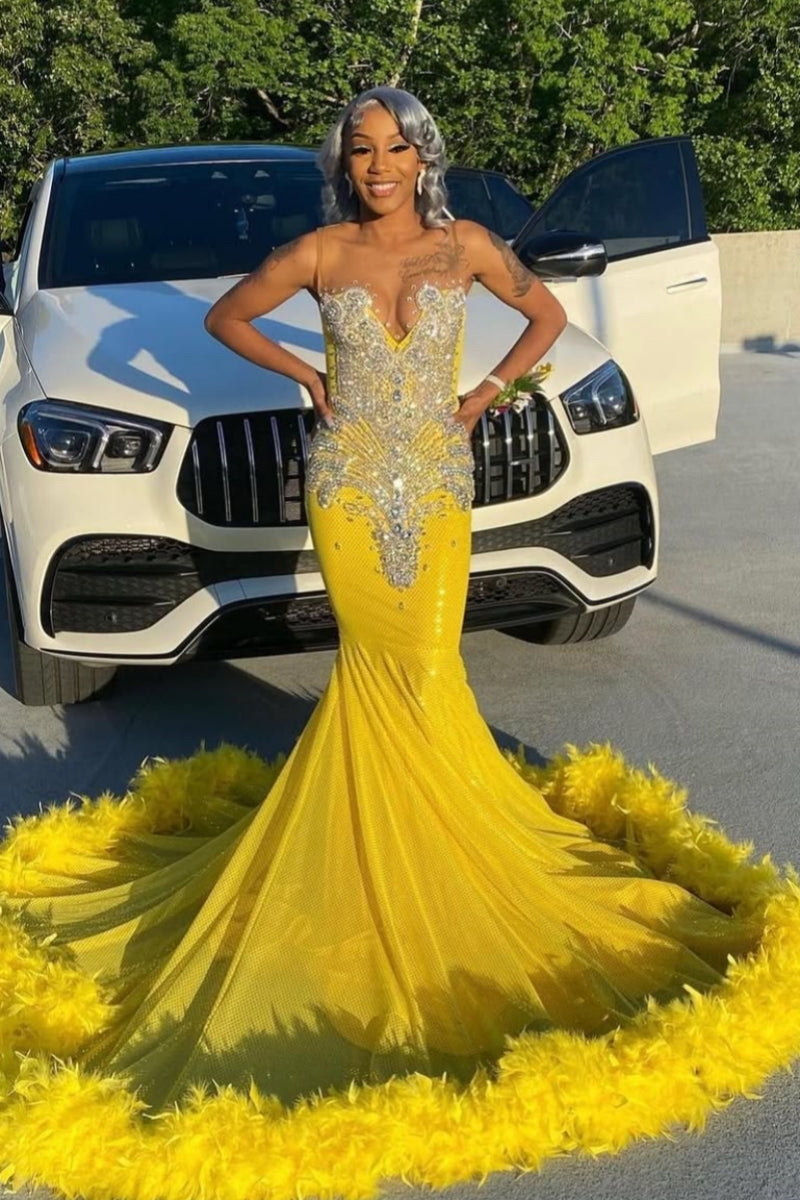 Yellow Jewel Sleeveless Feather Open Back Mermaid Prom Dresses With Beadings