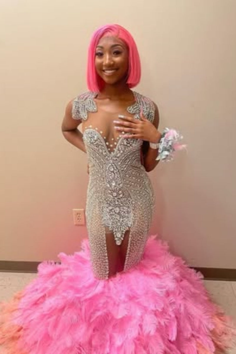 Pink Scoop Neck Feather Mermaid Prom Dresses With White Sequins