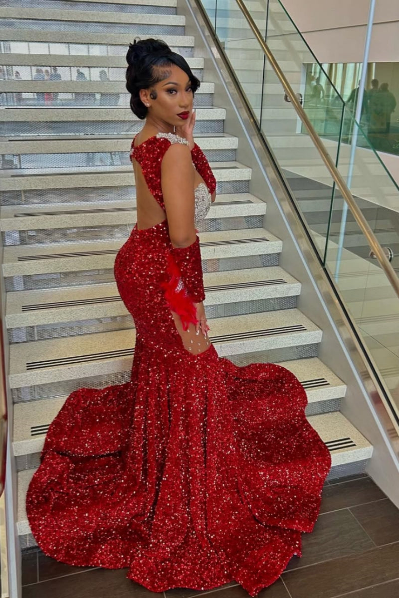 Red Sequins V-Neck Backless Beadings Feather Mermaid Prom Dresses With Sequins Glove