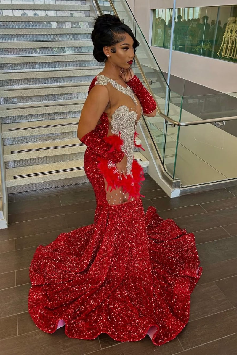 Red Sequins V-Neck Backless Beadings Feather Mermaid Prom Dresses With Sequins Glove