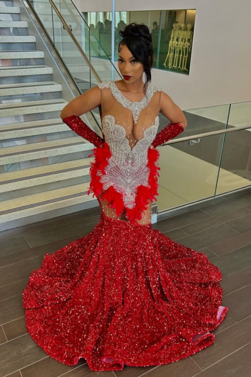 Red Sequins V-Neck Backless Beadings Feather Mermaid Prom Dresses With Sequins Glove