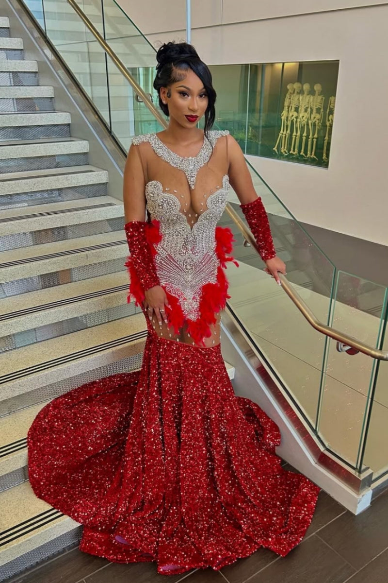Red Sequins V-Neck Backless Beadings Feather Mermaid Prom Dresses With Sequins Glove