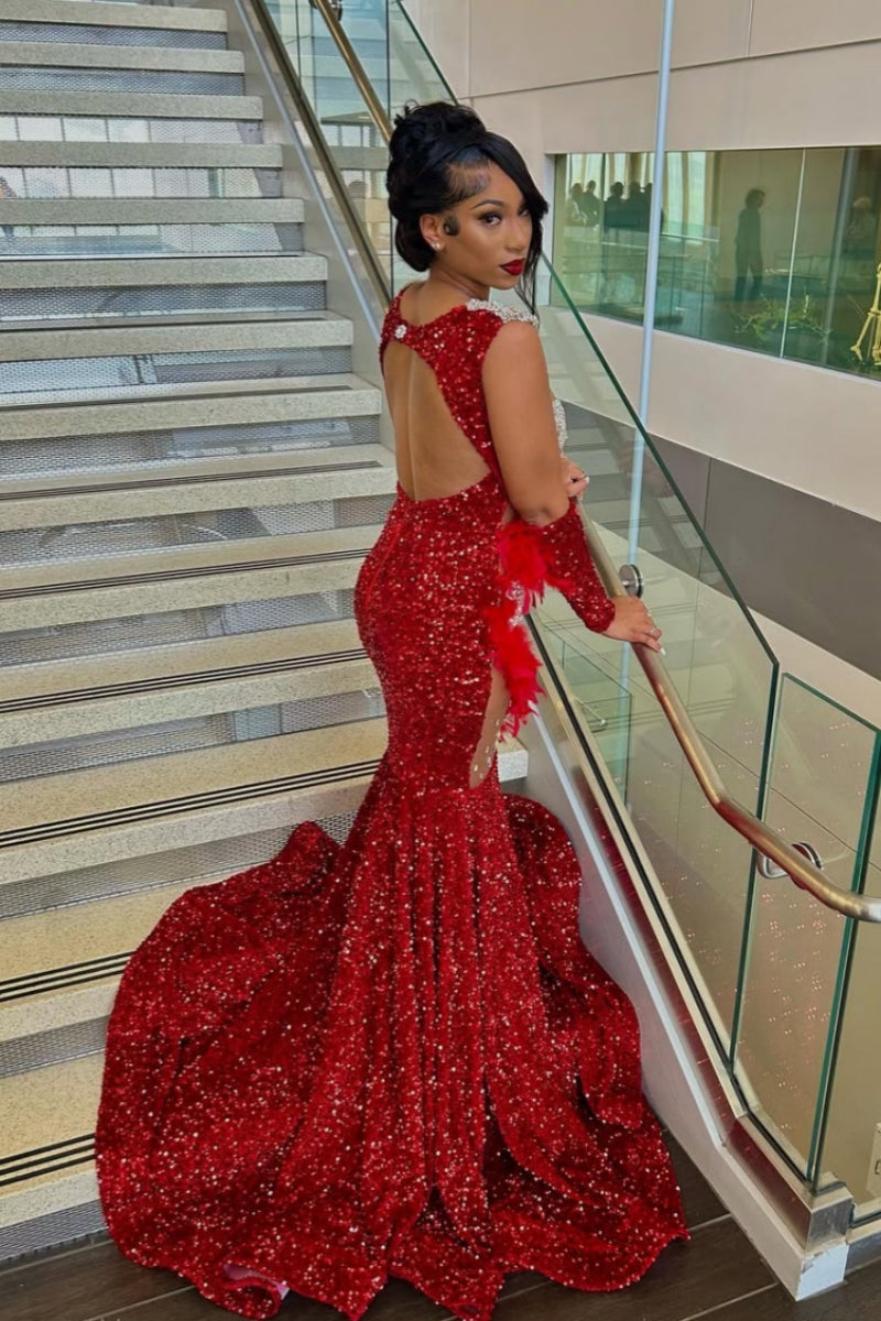Red Sequins V-Neck Backless Beadings Feather Mermaid Prom Dresses With Sequins Glove