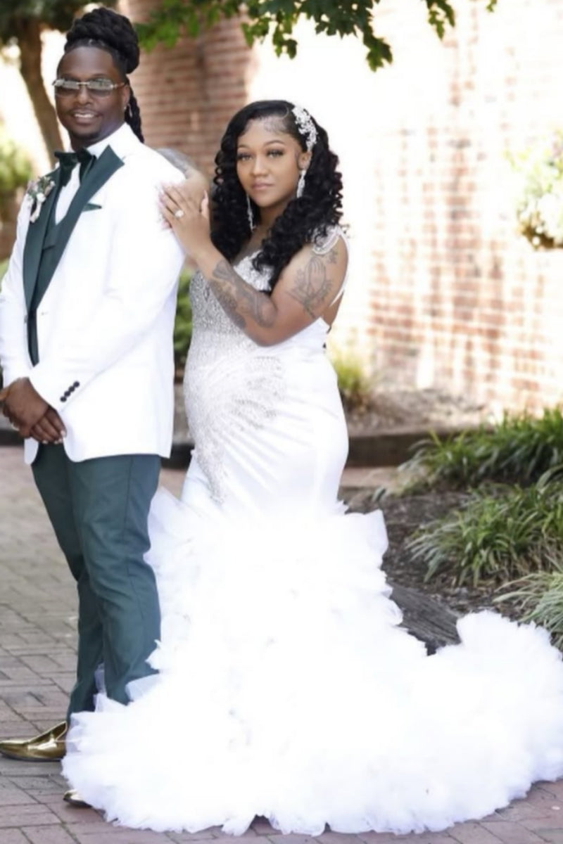 White V-Neck Beadings Mermaid Plus Size Prom Dresses With Puffy Layers