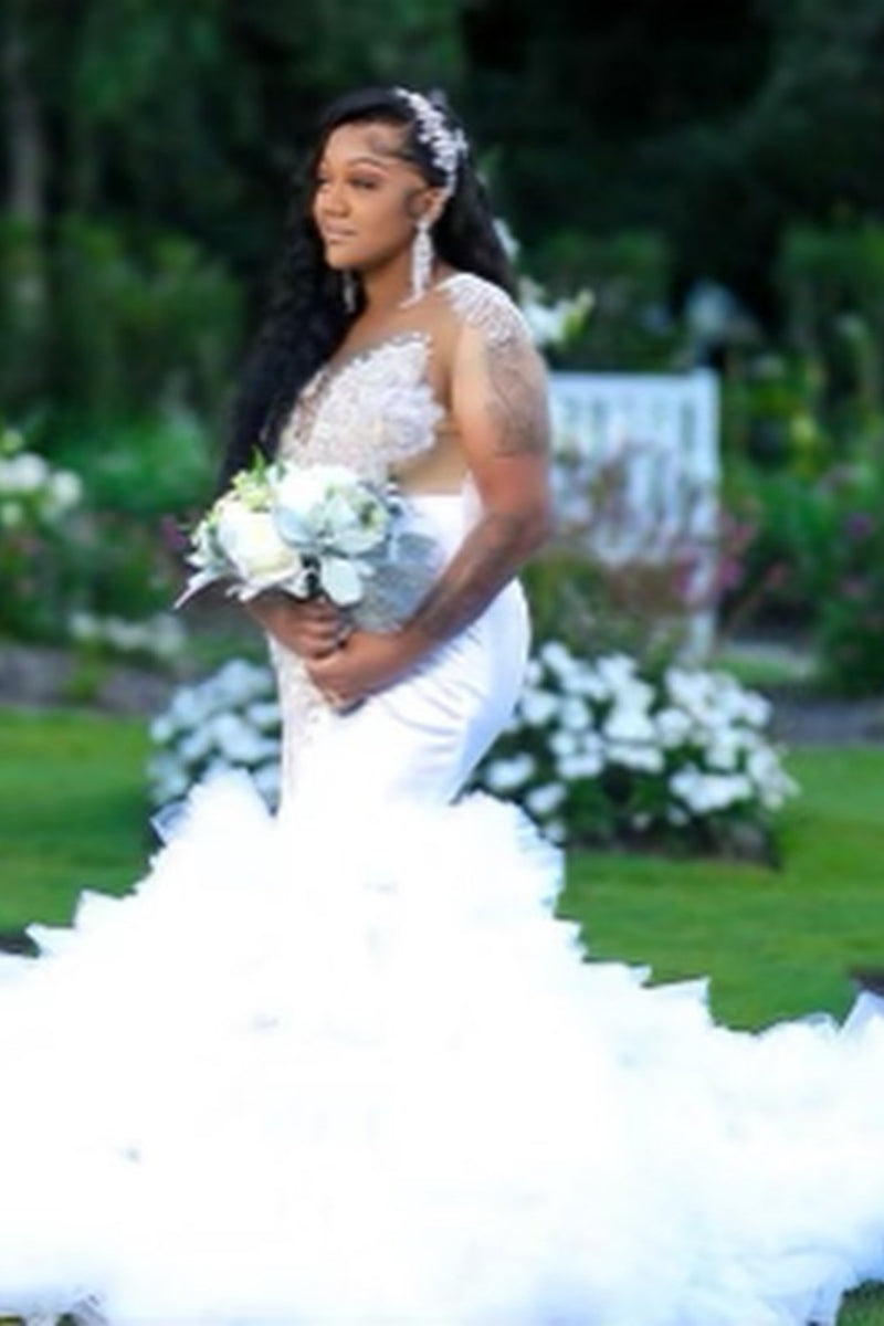White V-Neck Beadings Mermaid Plus Size Prom Dresses With Puffy Layers