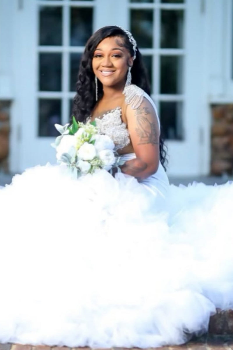 White V-Neck Beadings Mermaid Plus Size Prom Dresses With Puffy Layers