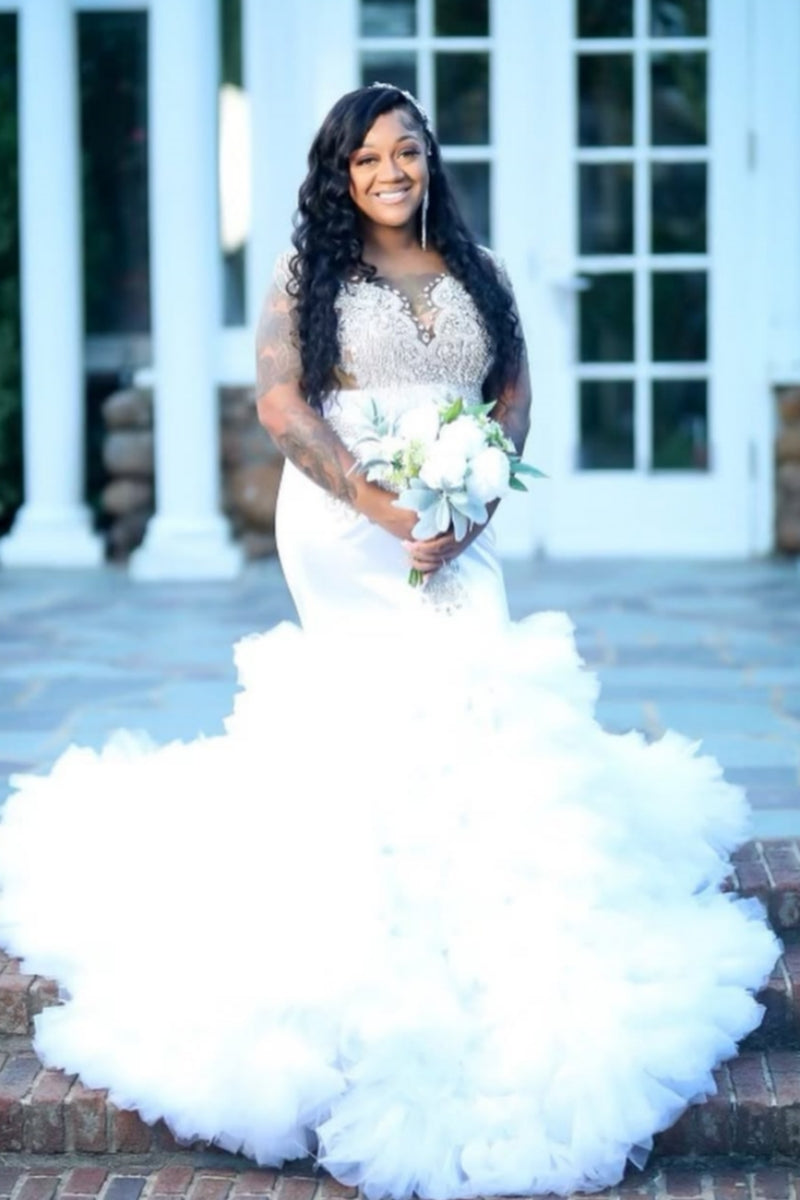 White V-Neck Beadings Mermaid Plus Size Prom Dresses With Puffy Layers