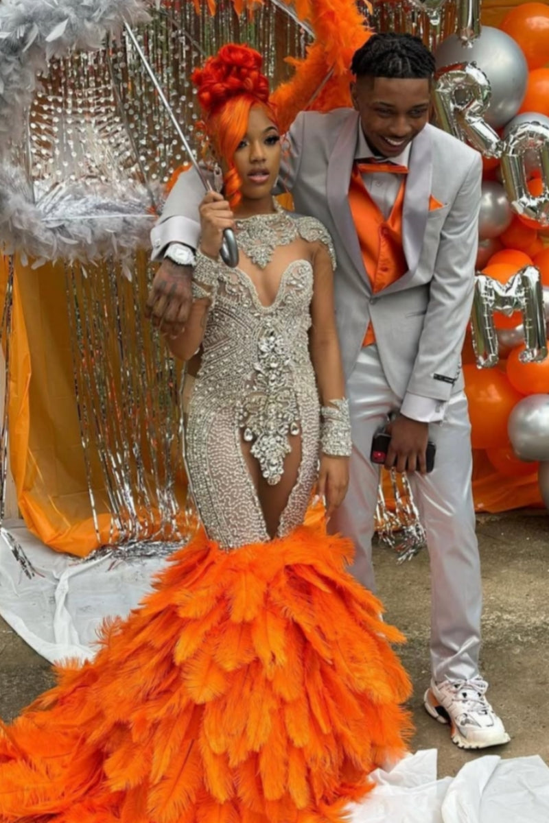 Orange Feather High Neck Long Sleeves Beadings Mermaid Prom Dresses