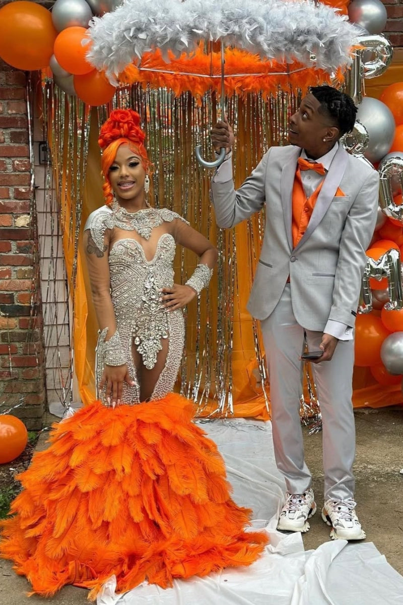 Orange Feather High Neck Long Sleeves Beadings Mermaid Prom Dresses