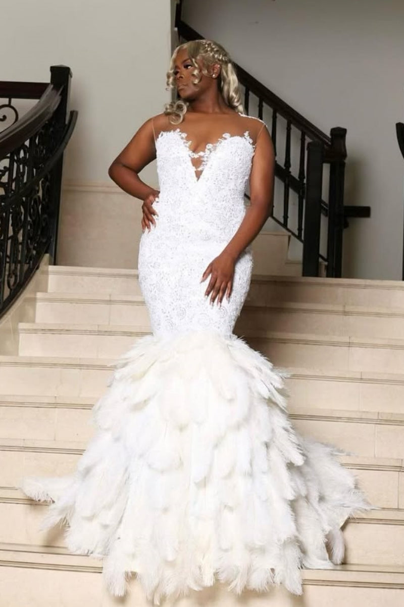 Charming White Feather V-Neck Appliques Mermaid Prom Dresses