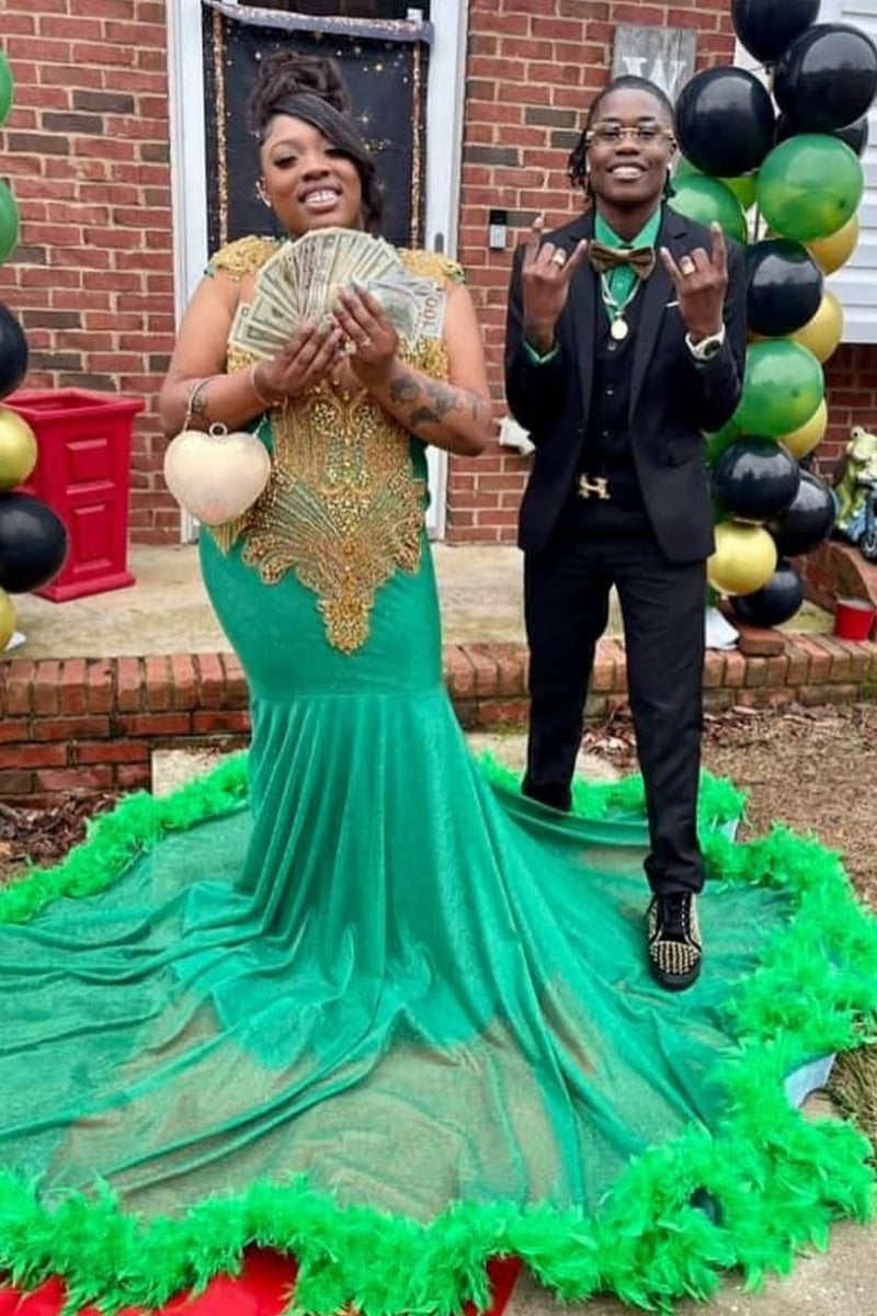 Turquoise Jewel Feather Mermaid Prom Dresses With Golden Beadings