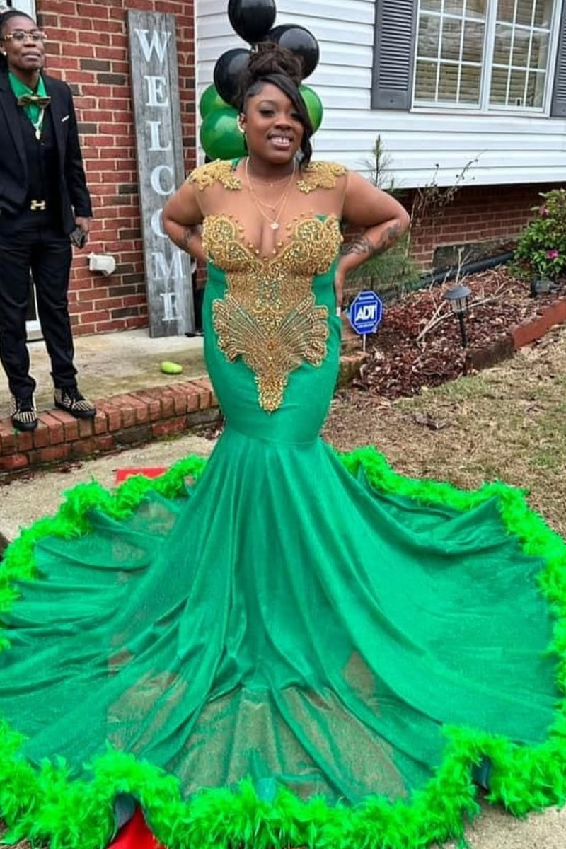Turquoise Jewel Feather Mermaid Prom Dresses With Golden Beadings
