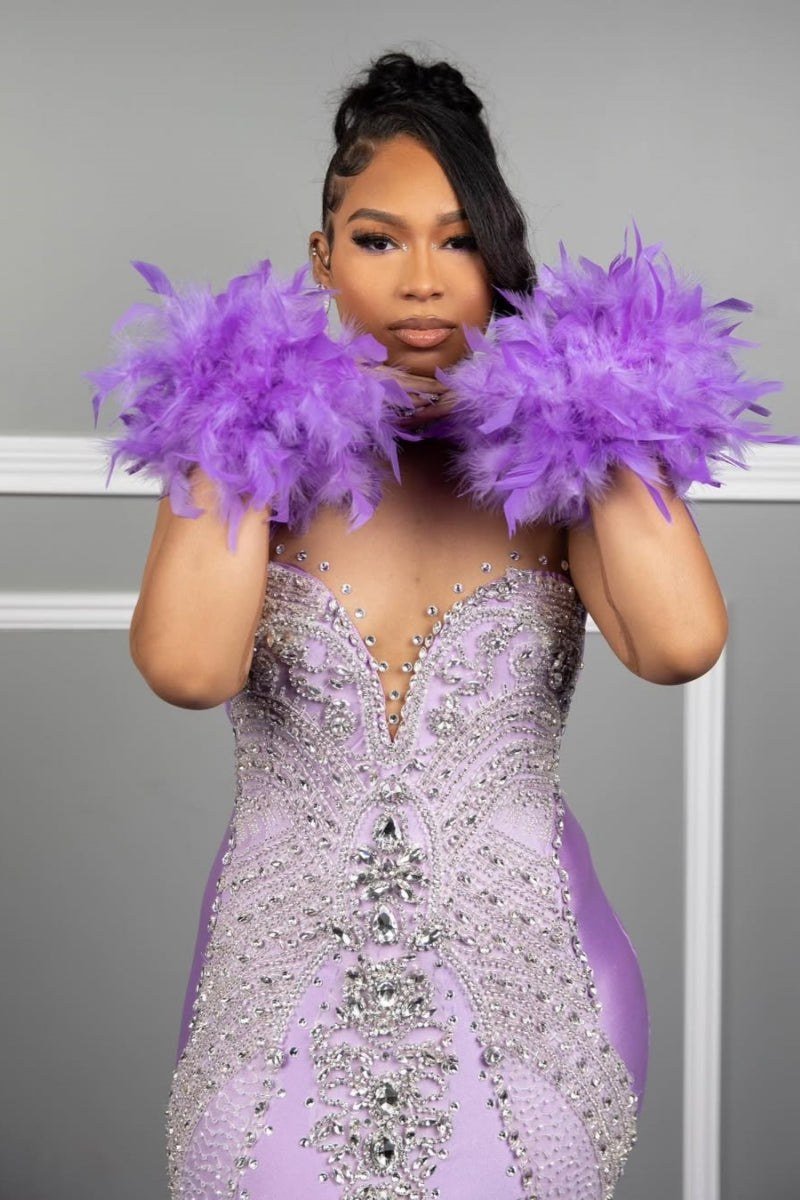 Lavender High Neck Feather Mermaid Backless Prom Dresses With Beadings