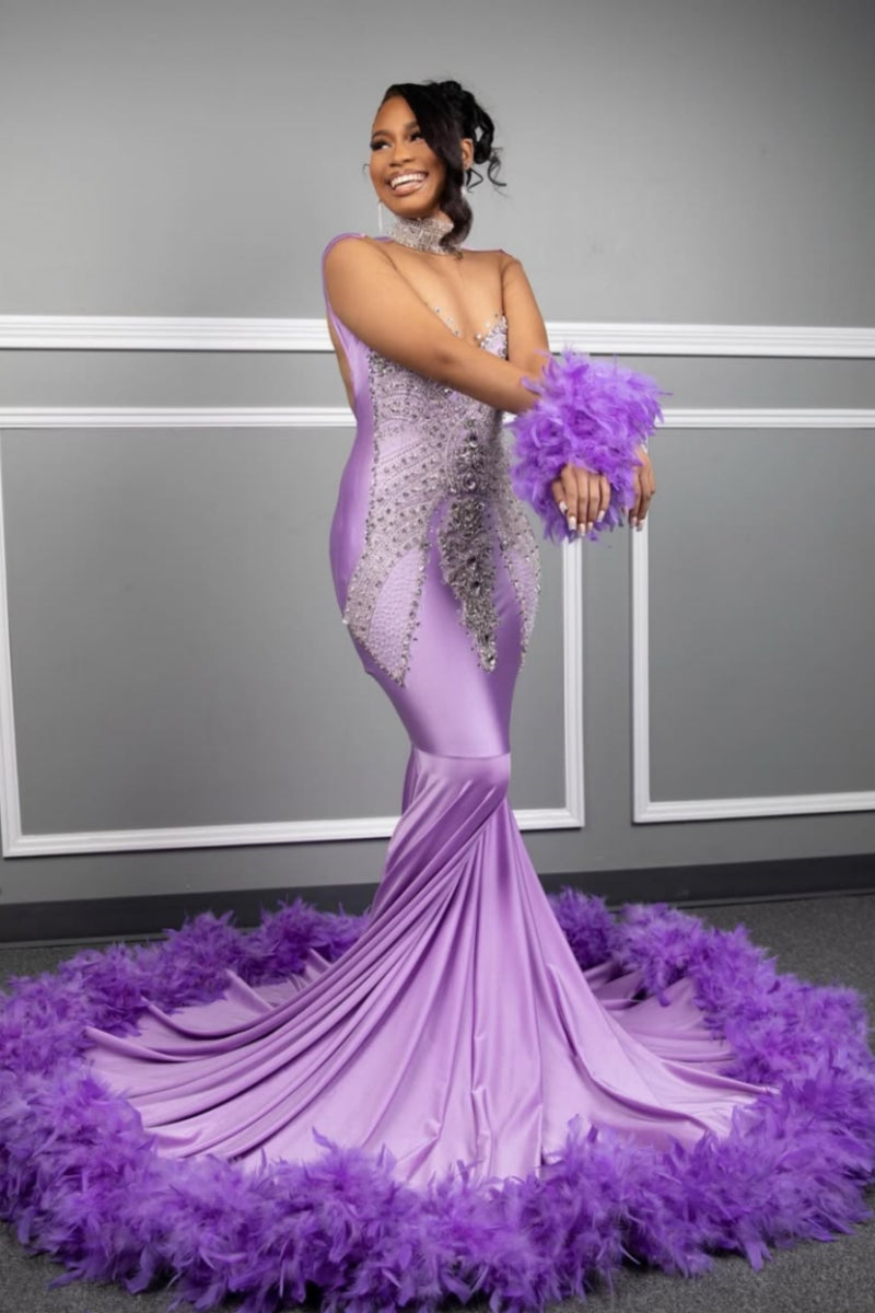Lavender High Neck Feather Mermaid Backless Prom Dresses With Beadings