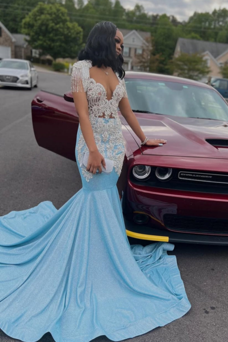 Sky Blue Sequins V-Neck Tassel Mermaid Prom Dresses With White Beadings