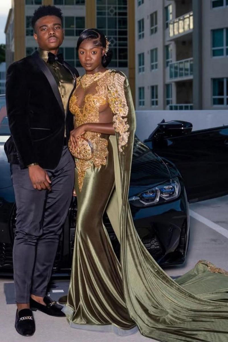 Dark Green Bateau Beadings Velvet Mermaid Prom Dresses With Wrap