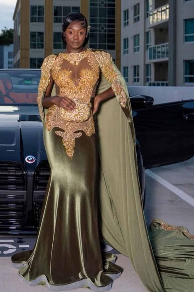 Dark Green Bateau Beadings Velvet Mermaid Prom Dresses With Wrap
