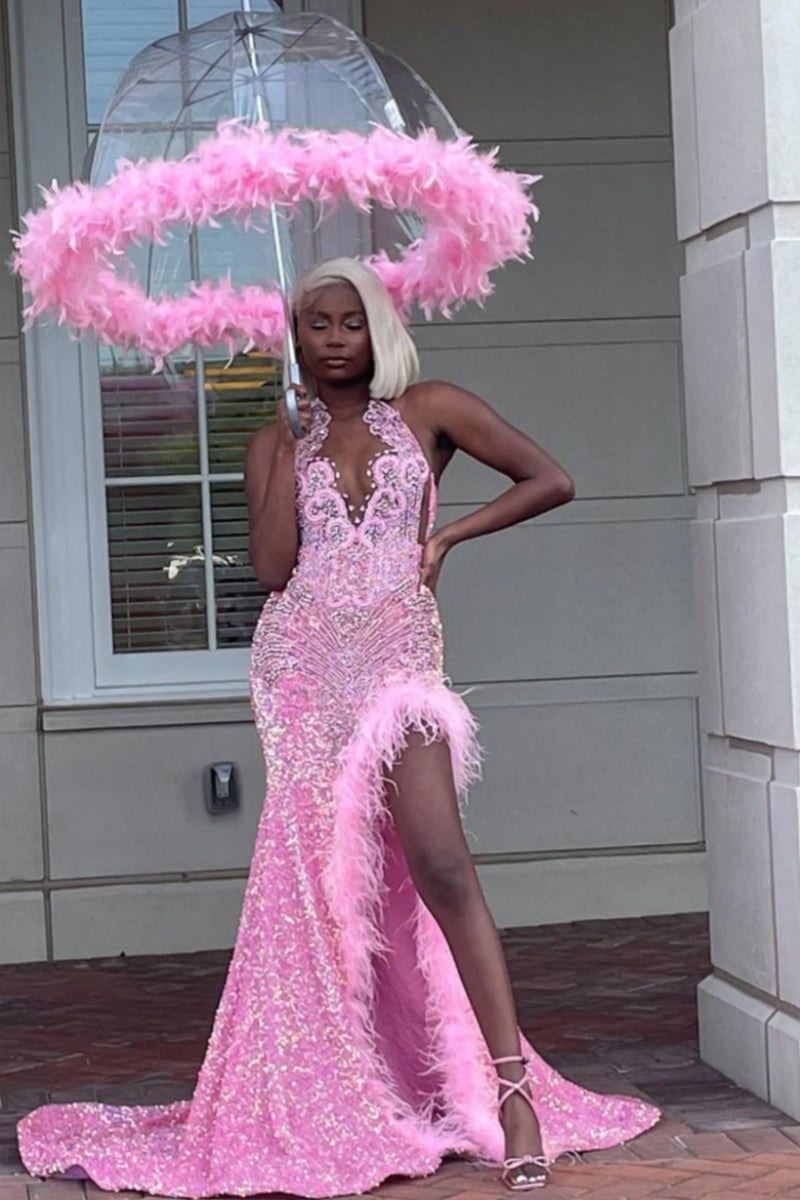 Pink Sequins Halter Side Slit Feather Sheath Prom Dresses With Beadings