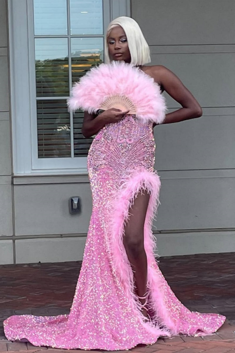 Pink Sequins Halter Side Slit Feather Sheath Prom Dresses With Beadings
