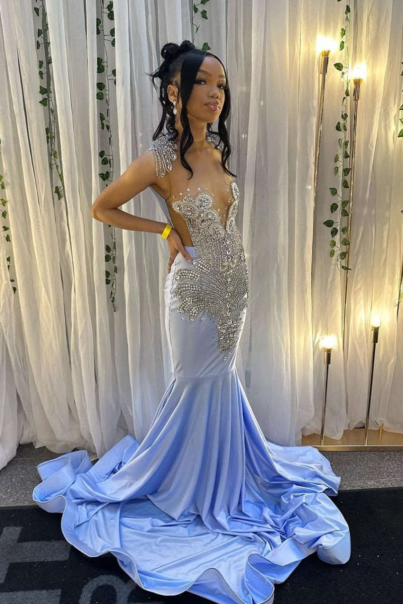 Charming Blue Jewel Backless Beadings Mermaid Prom Dresses