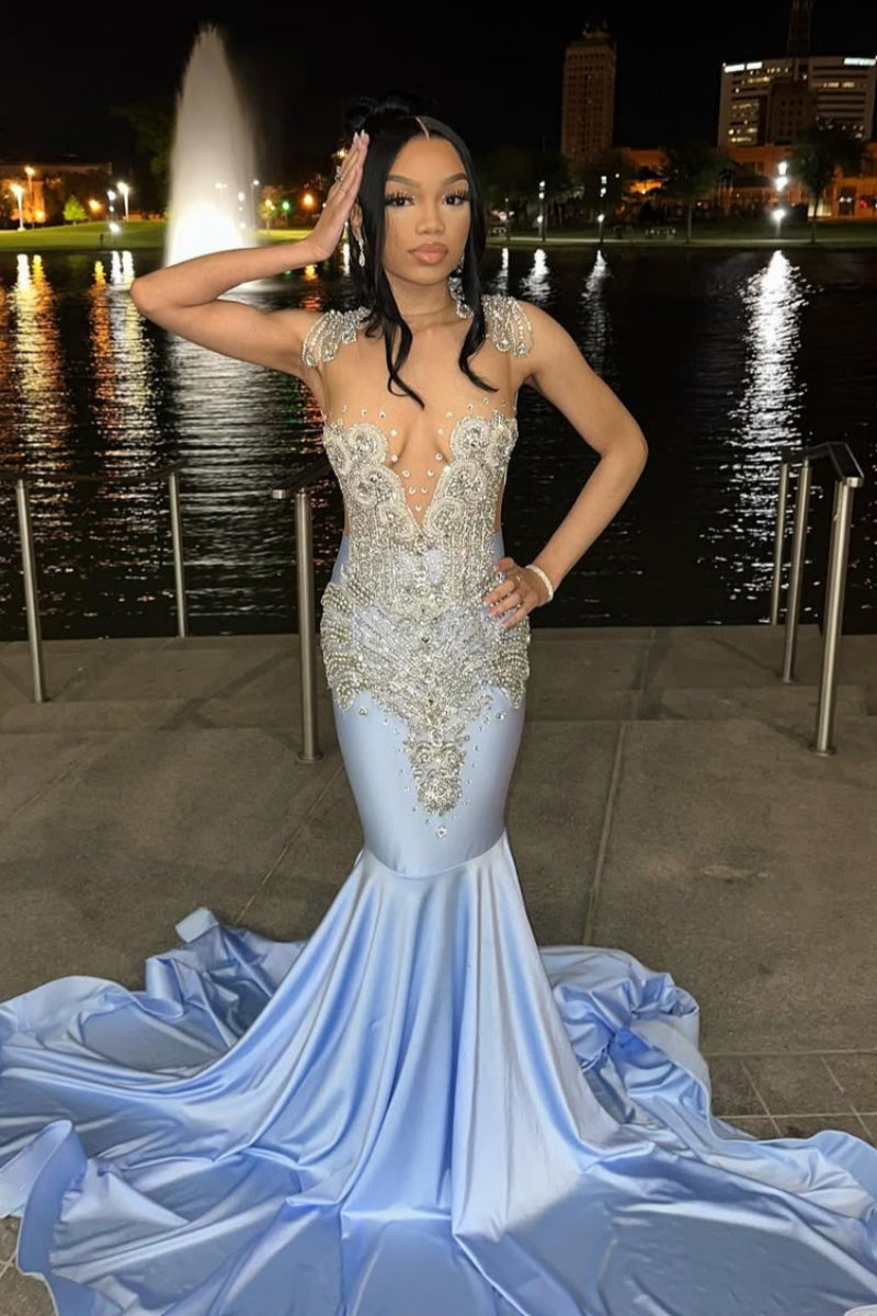 Charming Blue Jewel Backless Beadings Mermaid Prom Dresses