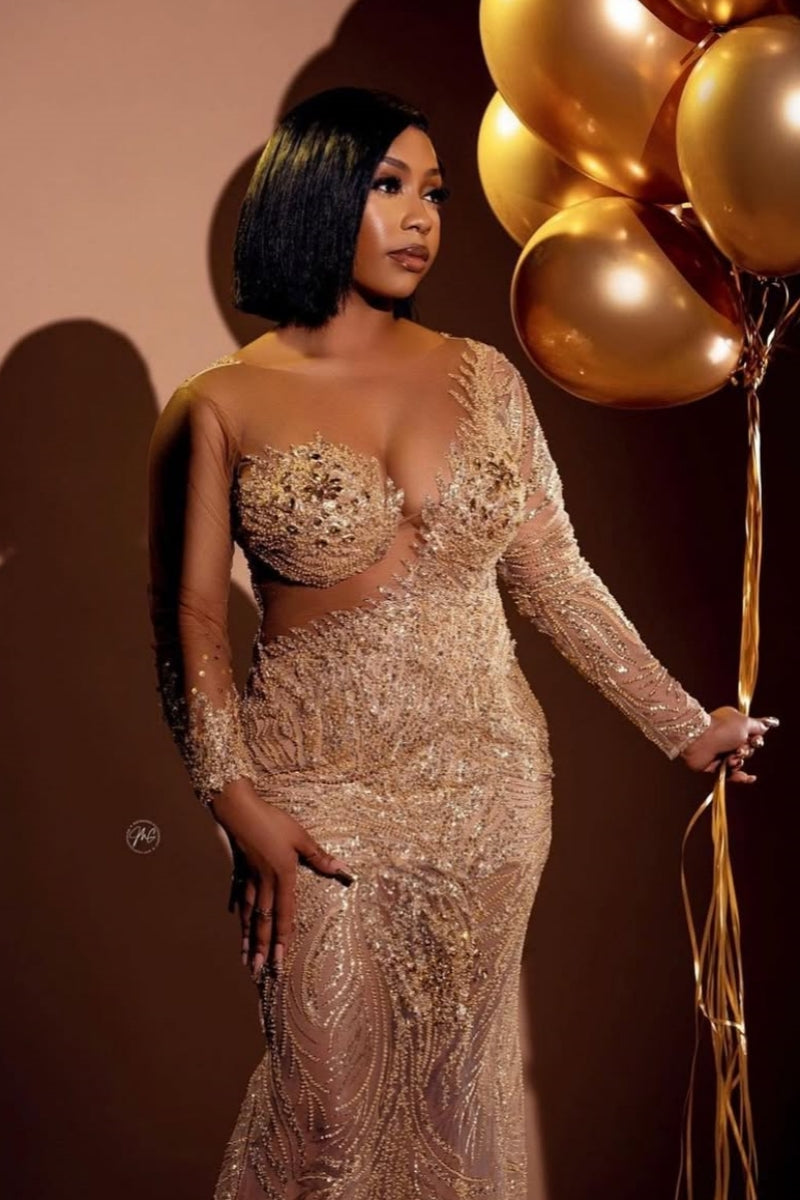 Champagne Scoop Neck Long Sleeves Sequins Mermaid Prom Dresses With Beadings