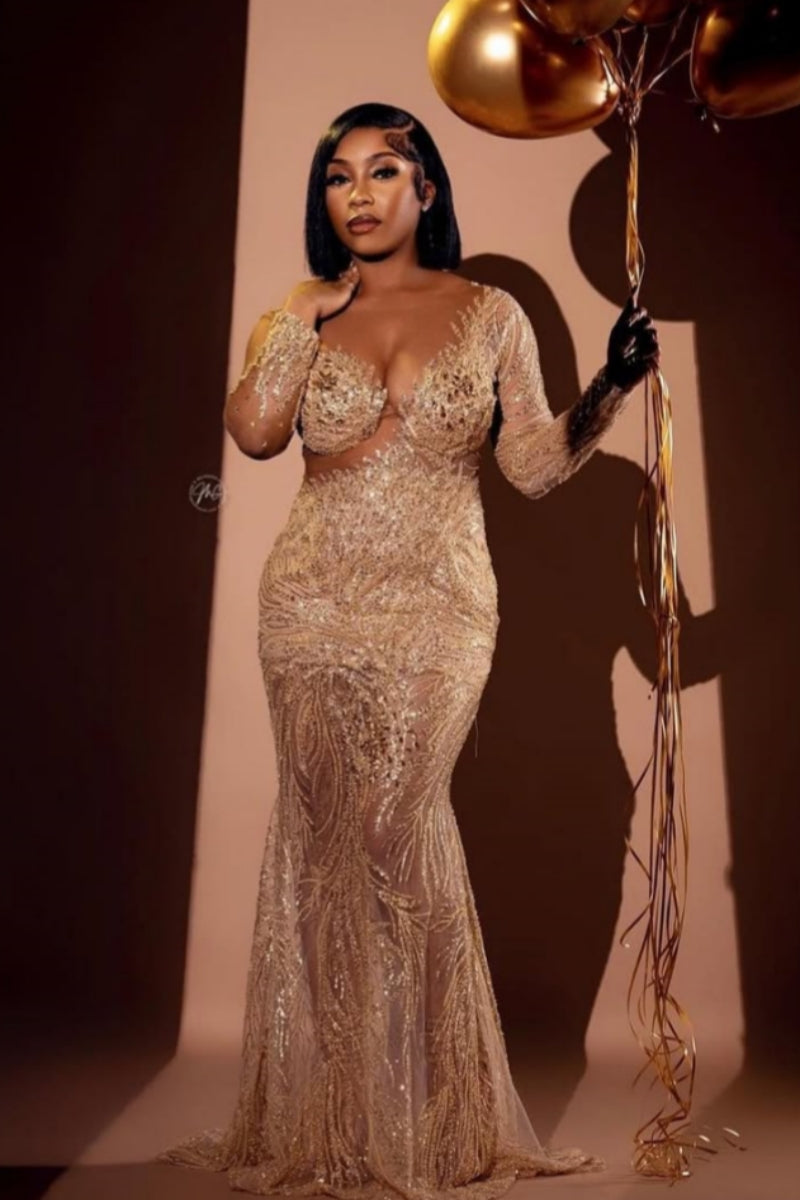 Champagne Scoop Neck Long Sleeves Sequins Mermaid Prom Dresses With Beadings