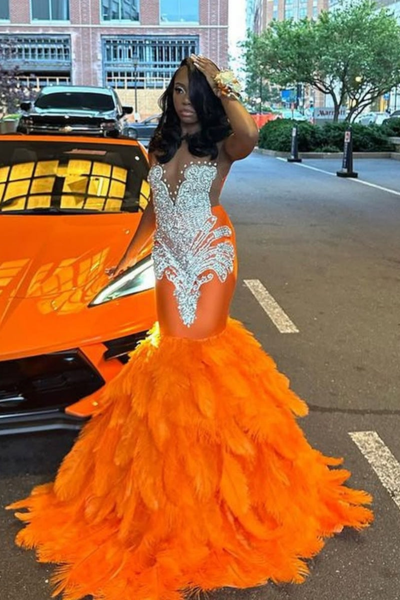 Orange Jewel Feather Mermaid Prom Dresses With Beadings