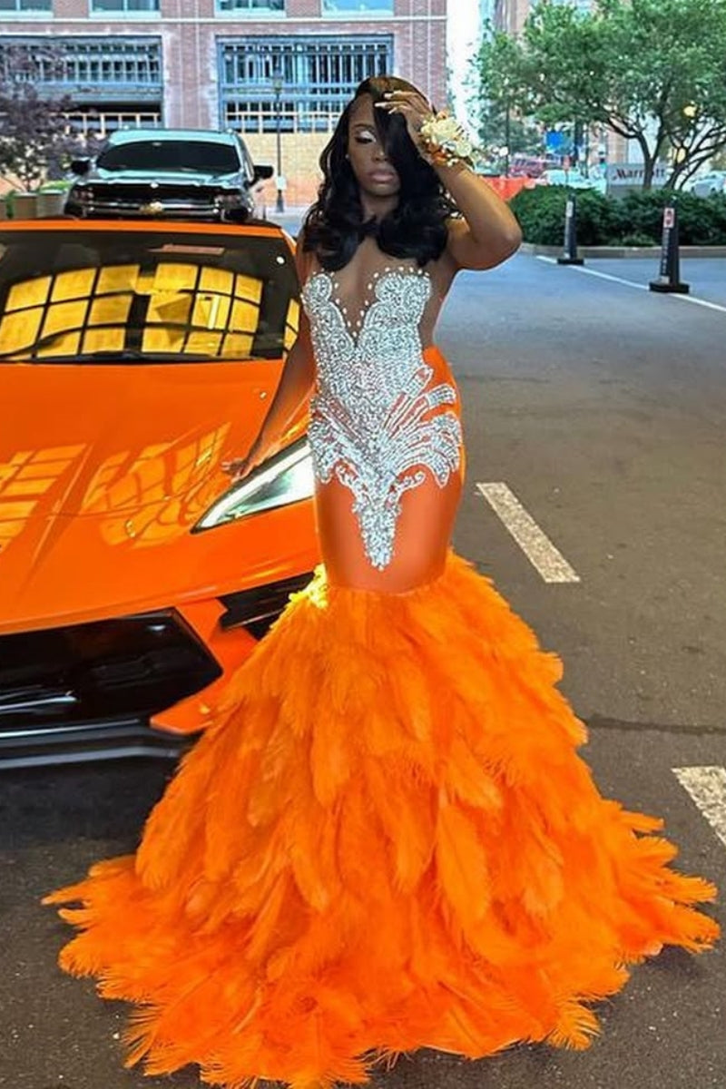 Orange Jewel Feather Mermaid Prom Dresses With Beadings