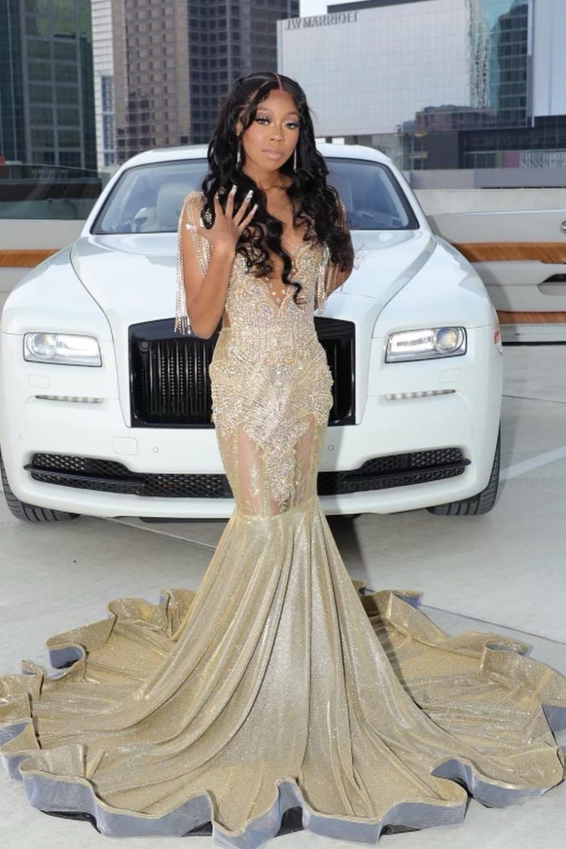 Light Champagne V-Neck Beadings Mermaid Sequins Prom Dresses With Tassel