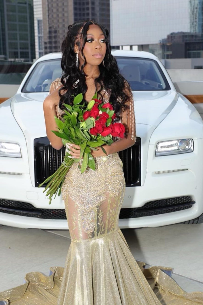 Light Champagne V-Neck Beadings Mermaid Sequins Prom Dresses With Tassel