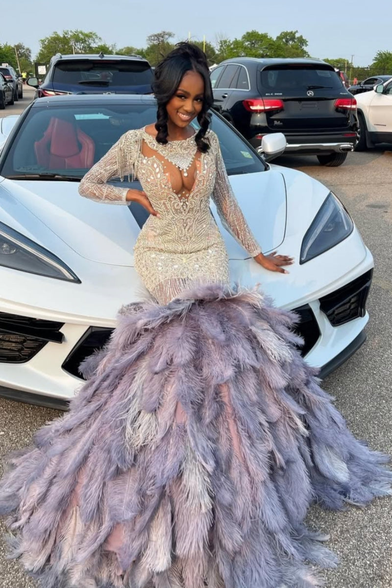 Gorgeous Jewel Long Sleeves White Beadings Feather Mermaid Prom Dresses