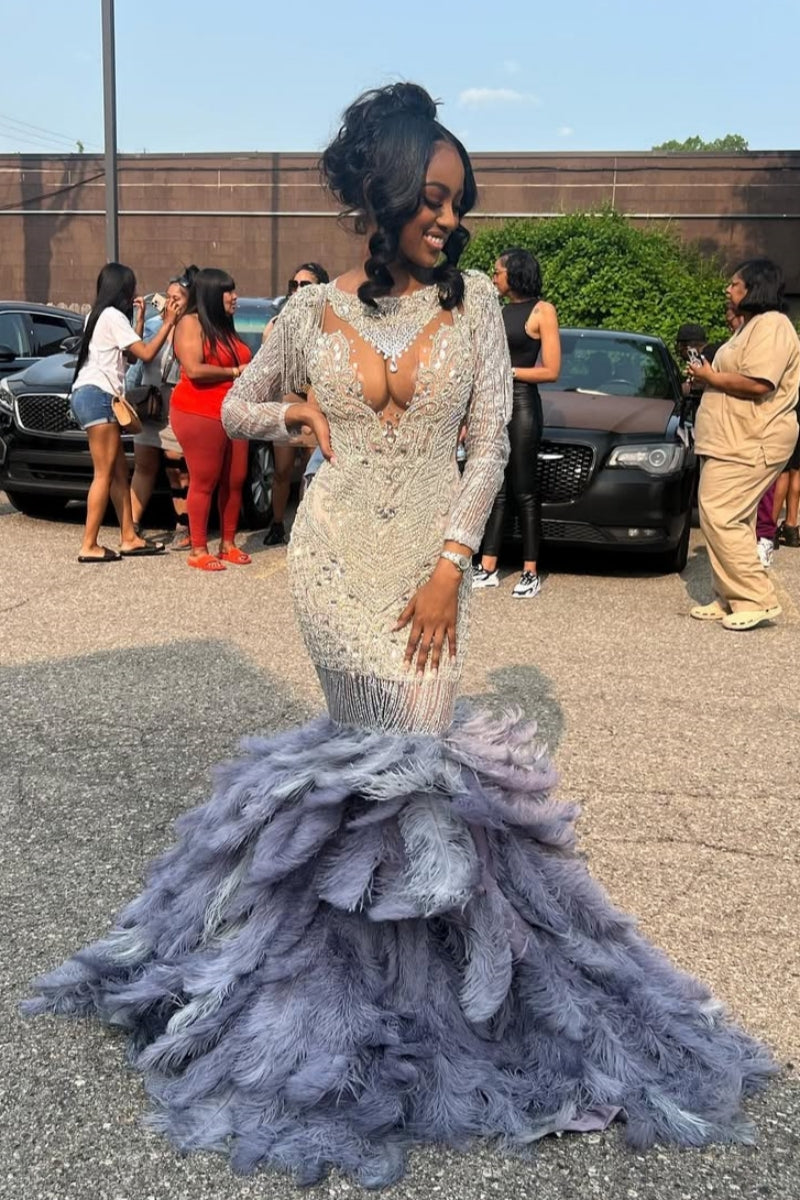 Gorgeous Jewel Long Sleeves White Beadings Feather Mermaid Prom Dresses