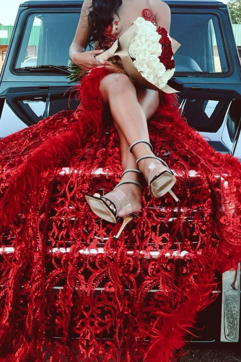 Sexy Red Sequins Halter Side Slit Feather Sheath Beadings Prom Dresses