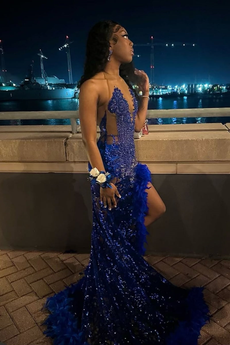 Royal Blue Sequins Halter Backless Side Slit Feather Beading Sheath Prom Dresses