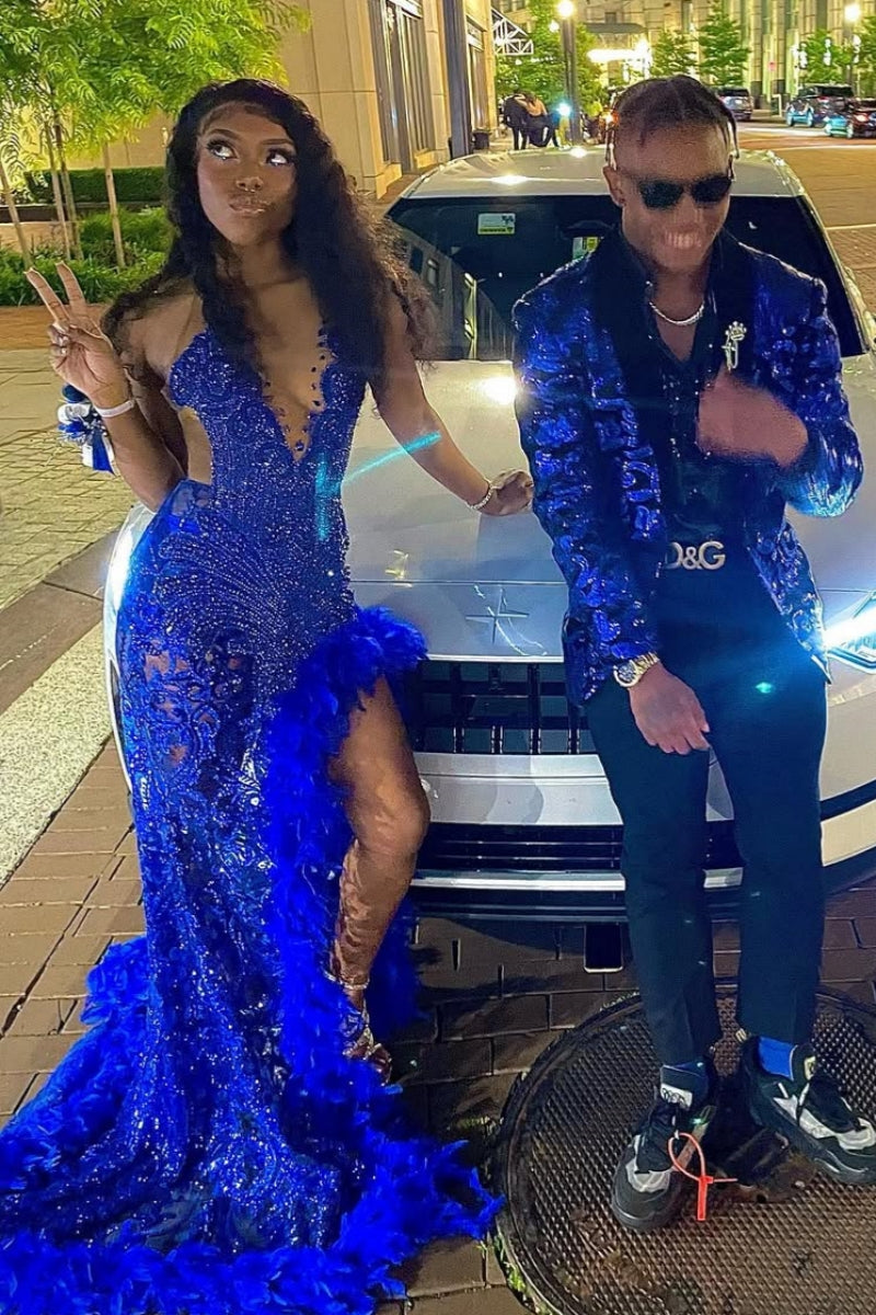 Royal Blue Sequins Halter Backless Side Slit Feather Beading Sheath Prom Dresses