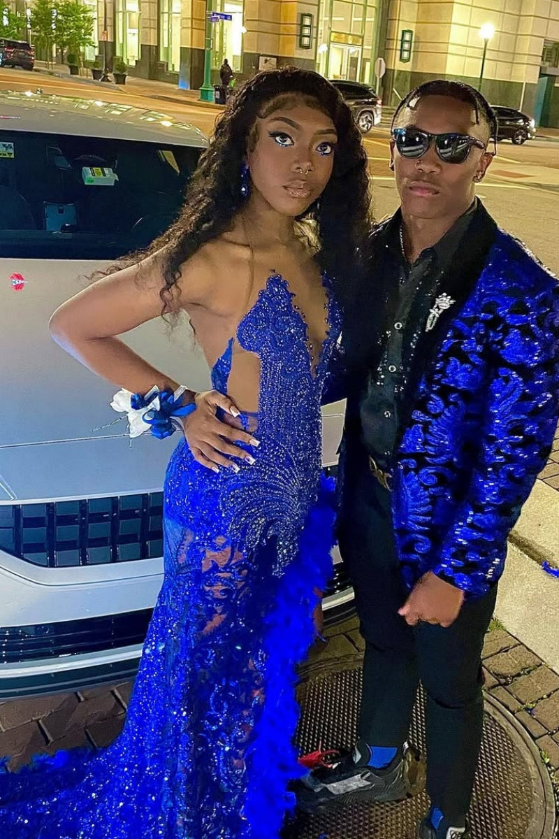 Royal Blue Sequins Halter Backless Side Slit Feather Beading Sheath Prom Dresses