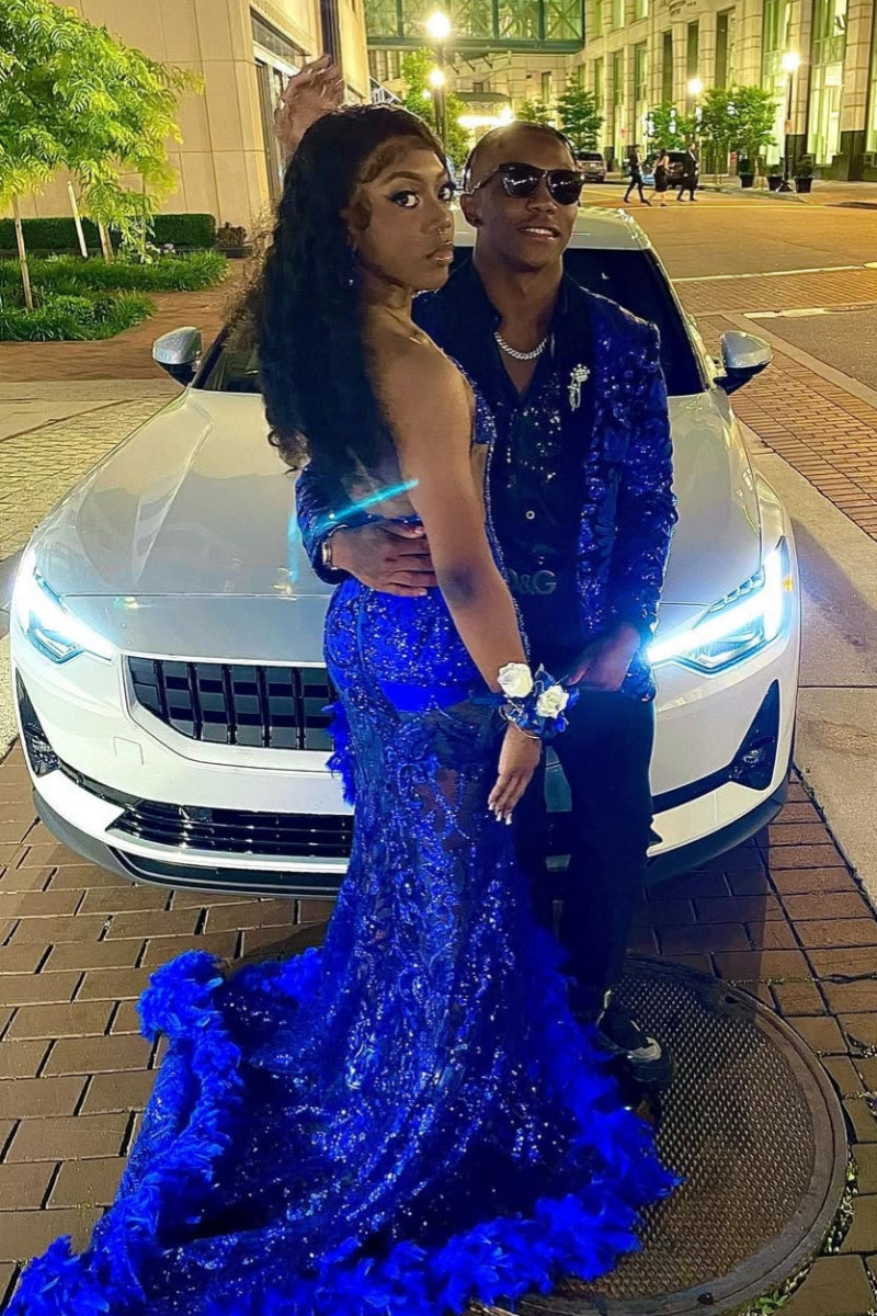 Royal Blue Sequins Halter Backless Side Slit Feather Beading Sheath Prom Dresses