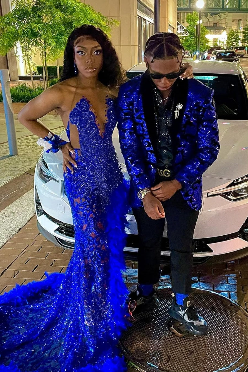 Royal Blue Sequins Halter Backless Side Slit Feather Beading Sheath Prom Dresses