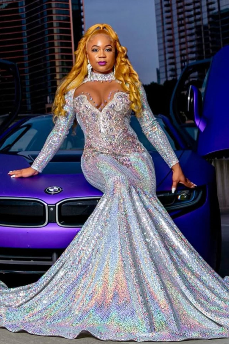 Sparkle High Neck Long Sleeves Sequins Mermaid Prom Dresses With Beadings