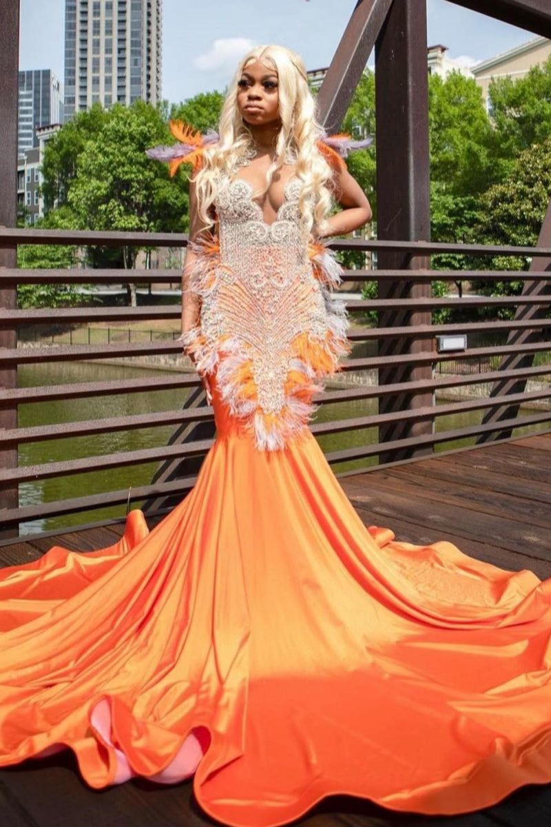 Beautiful Orange Jewel Feather Mermaid Prom Dresses With Beadings