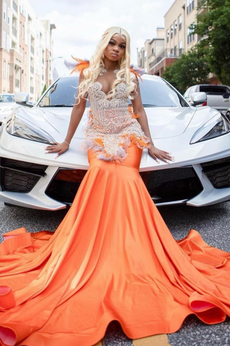 Beautiful Orange Jewel Feather Mermaid Prom Dresses With Beadings